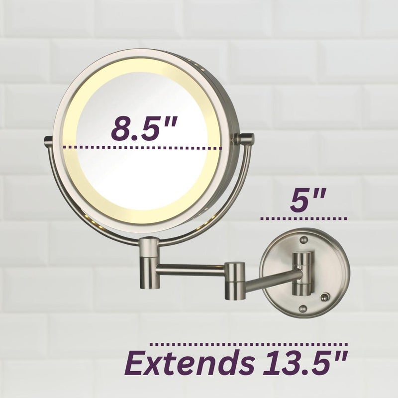 JERDON Wall-Mounted Makeup Mirror with LED Lighting - Direct Wire Lighted Makeup Mirror with 8X Magnification & Nickel Finish Wall Mount - Model HL75ND - Image 3